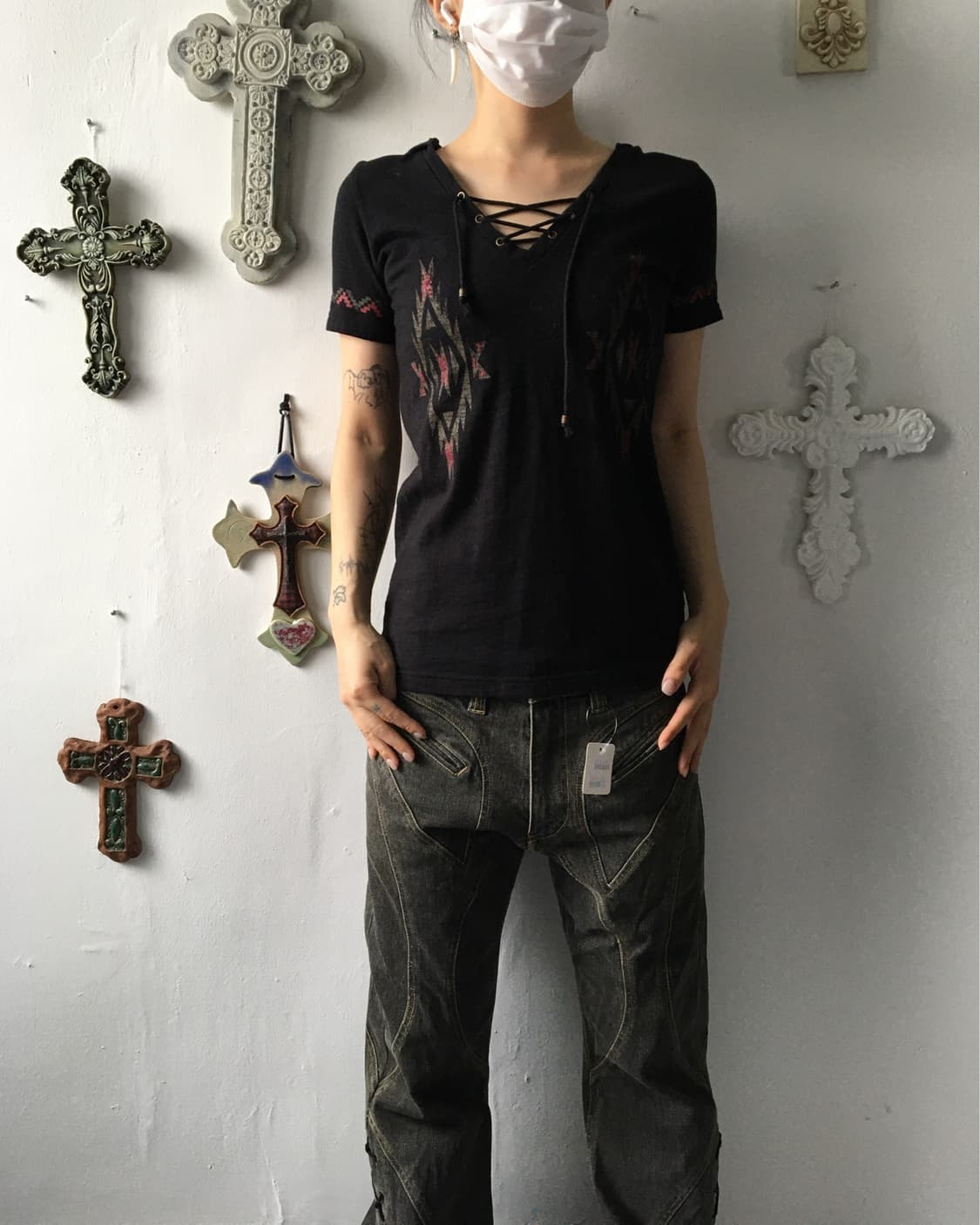 Navaho point lace up hood t shirt 상품이미지1