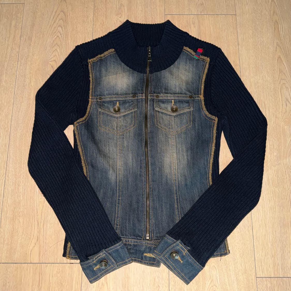 착샷ㅇ) 빈티지 데님 배색 니트 집업 상품이미지2