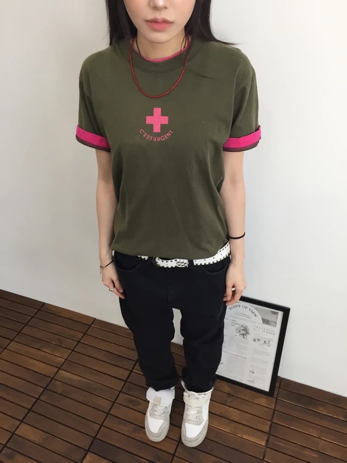 PEAK Y2K Ringer Tee Khaki Pink 상품이미지2