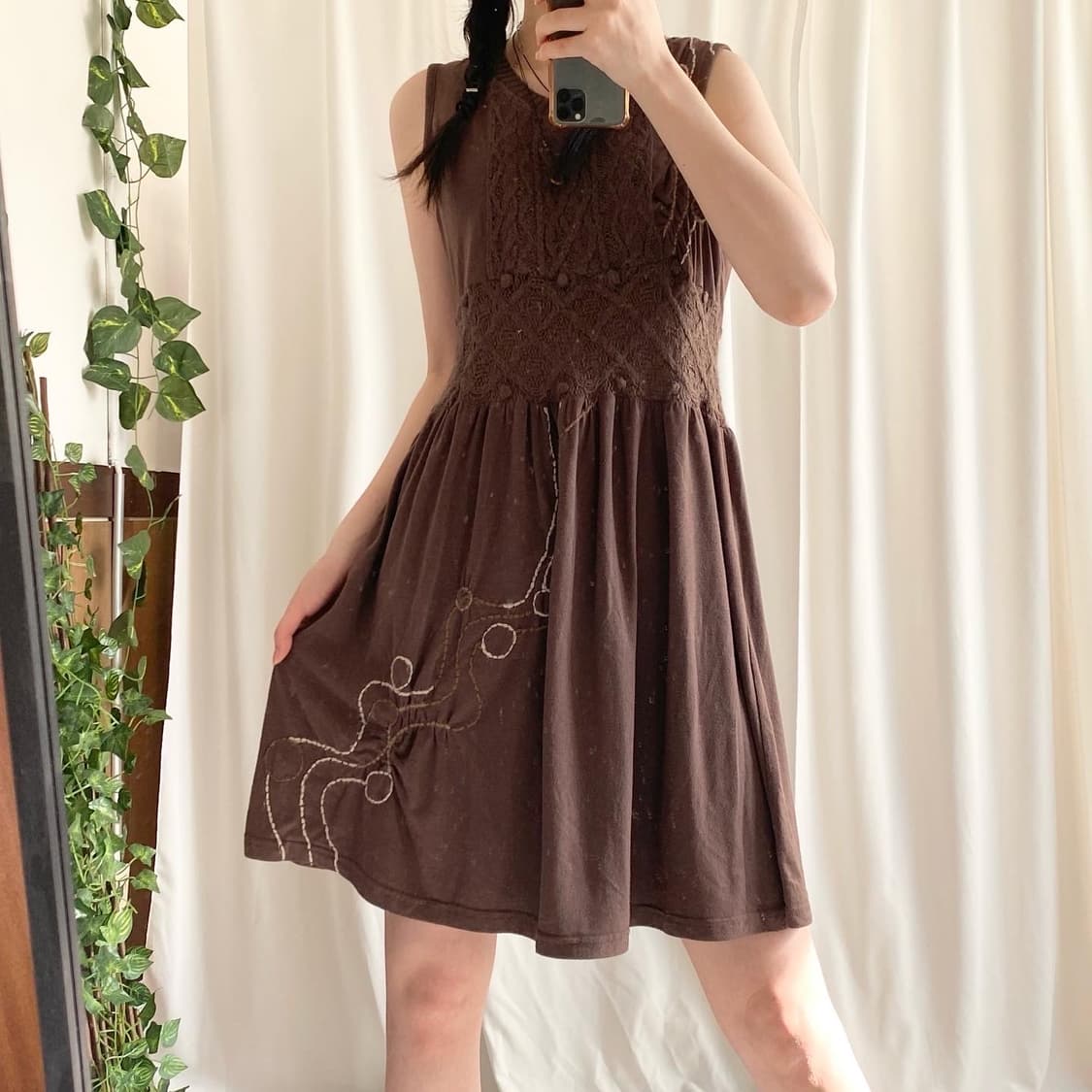 브라운 니트 자수 원피스 히피 모리 빈티지  상품이미지1