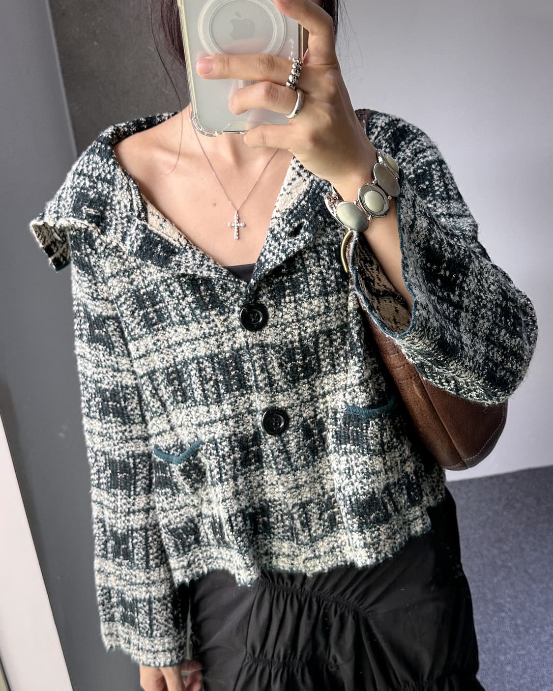 green check wool wide collar cardigan 상품이미지5