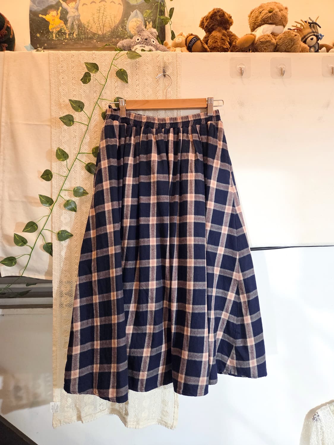 네이비 핑크 체크 롱스커트 상품이미지1