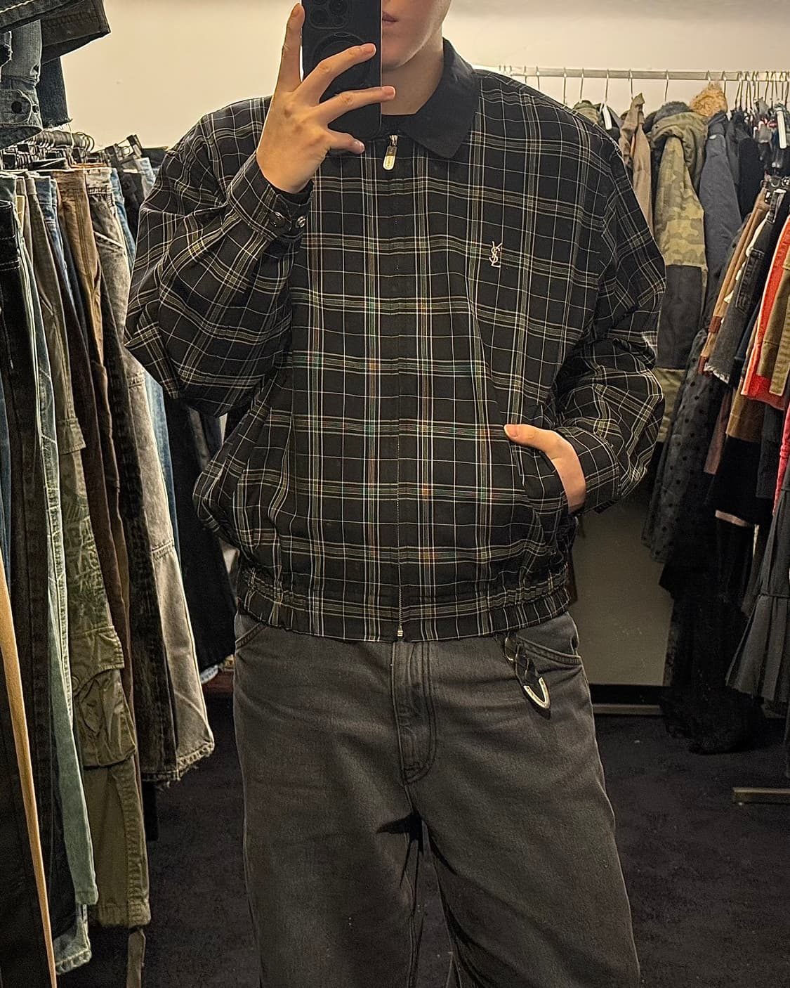 입생로랑 체크 폴리쉘 블루종 봄버 워크 자켓 점퍼 카라 집업 100 L 상품이미지1