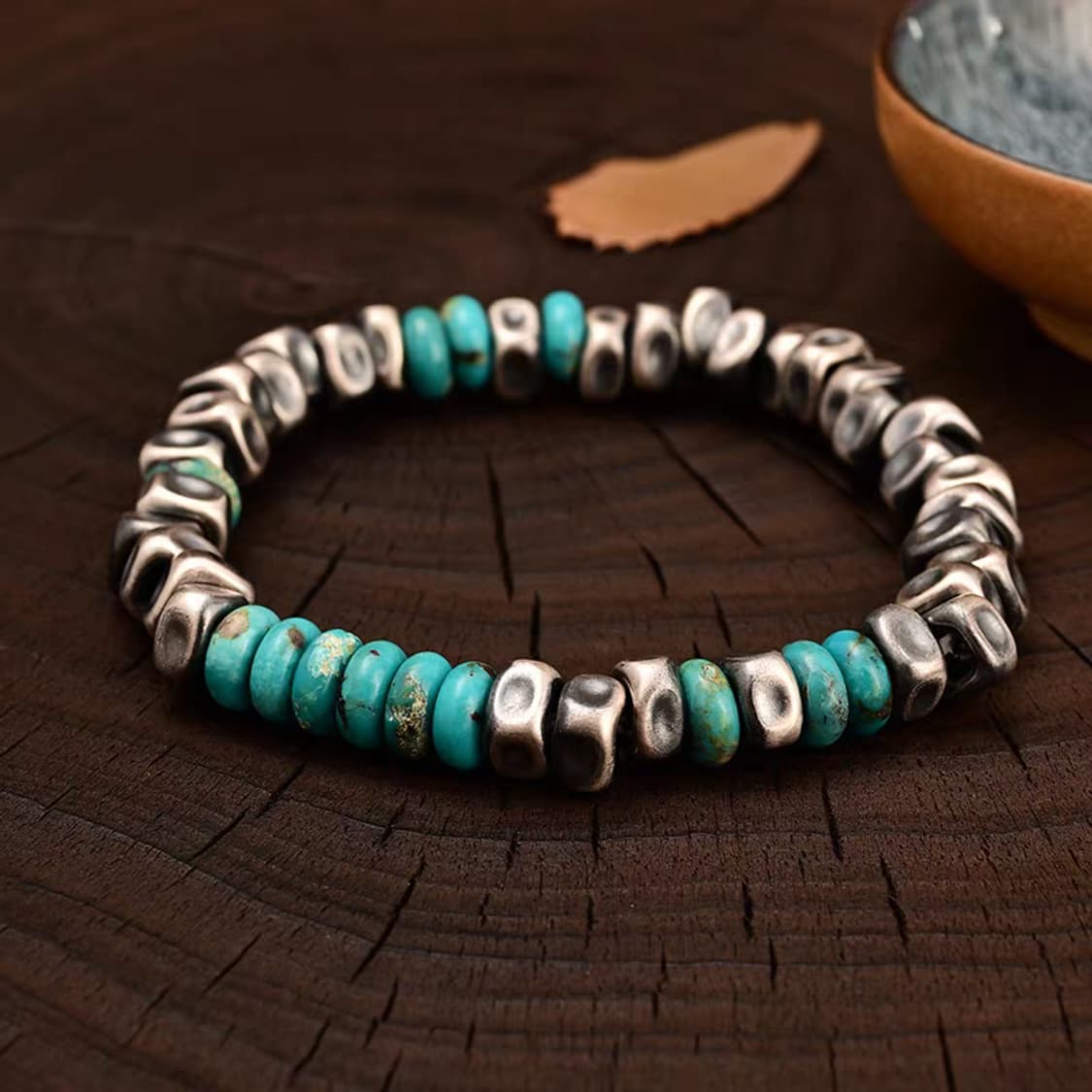 Oceanora 남성용 8mm 실버 팔찌, 터 키석 포인트 상품이미지2