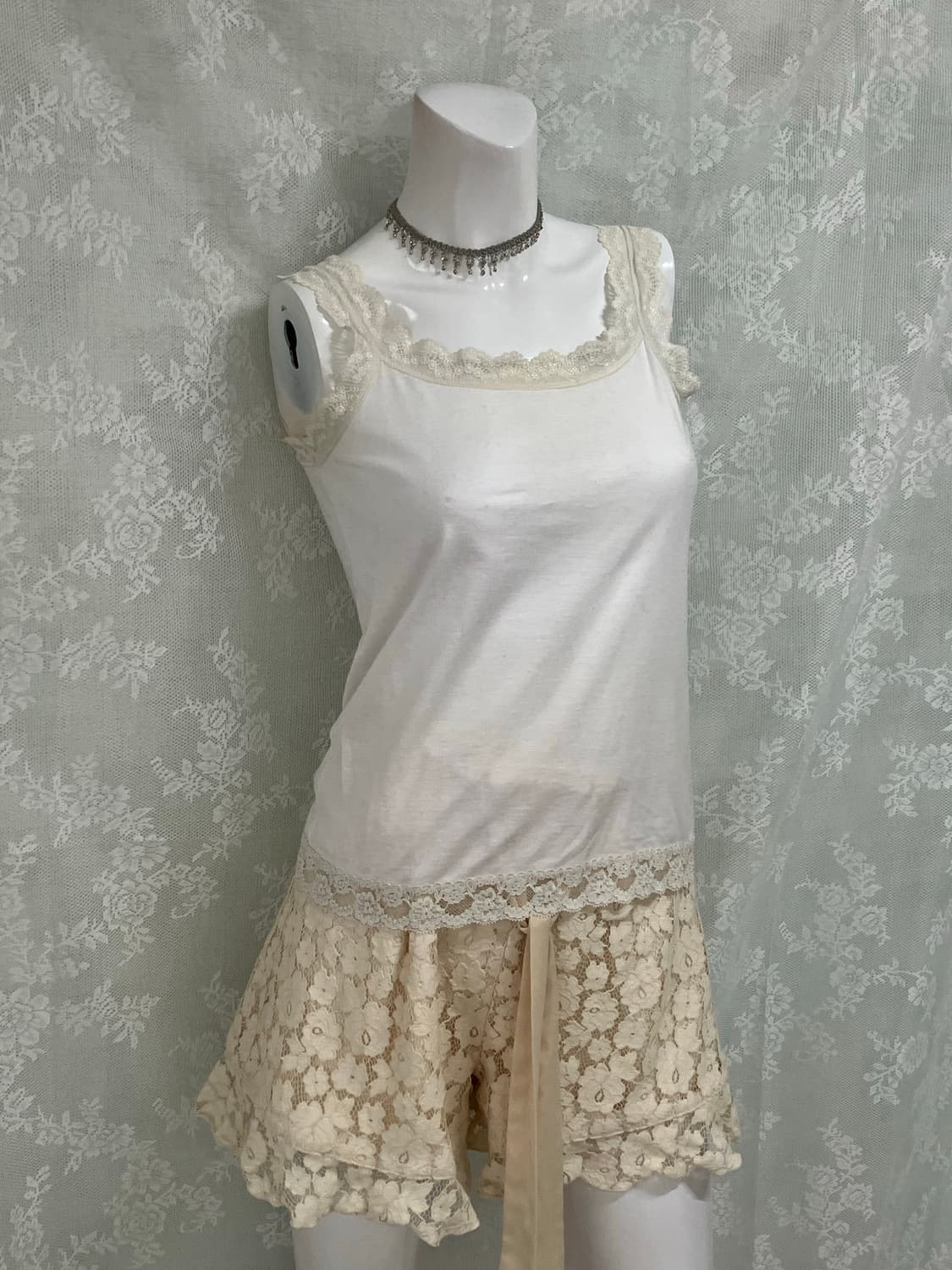 빈티지 화이트 레이스 나시 1112 모리걸 y2k 스트릿 갸루 펑키 일본 상품이미지1