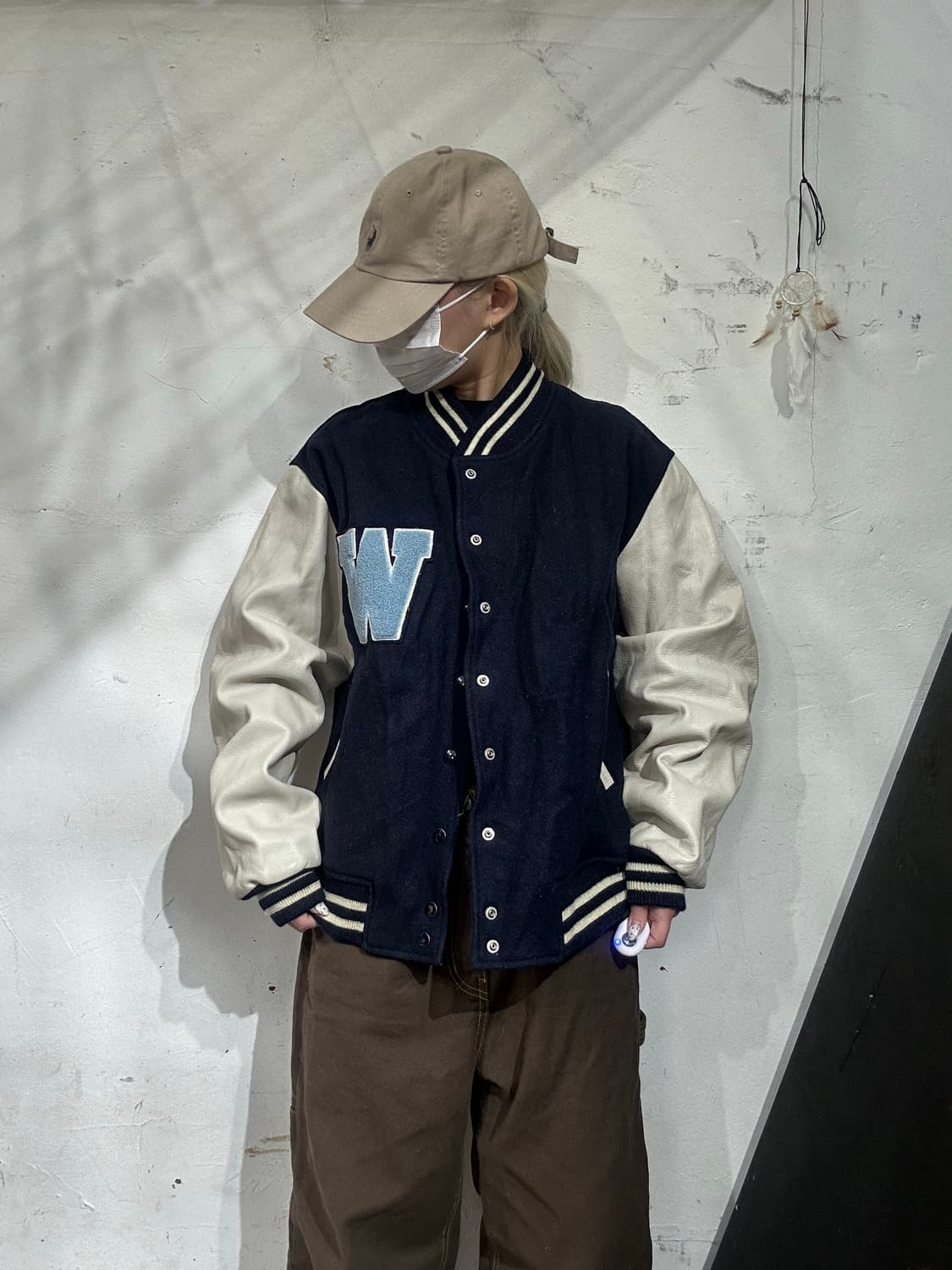 일본 빈티지 네이비 레더 울 모직 바시티 자켓 L 상품이미지2