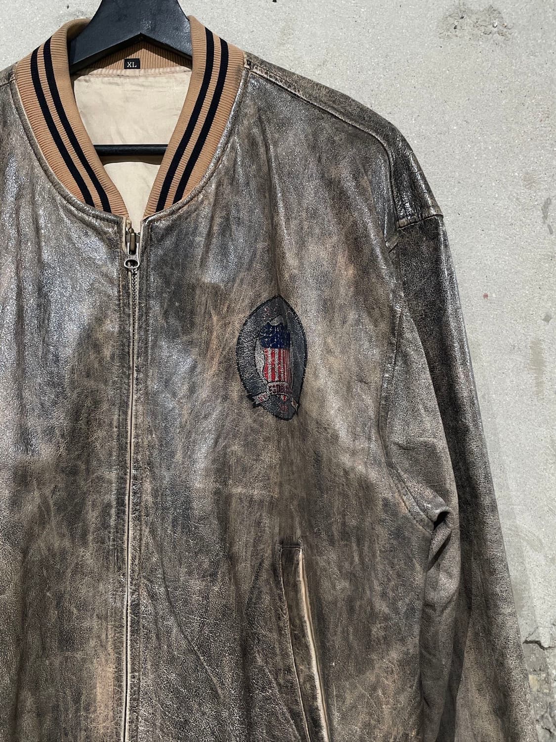 아비렉스 브라운 usa 로고 바시티 레더 자켓 상품이미지3