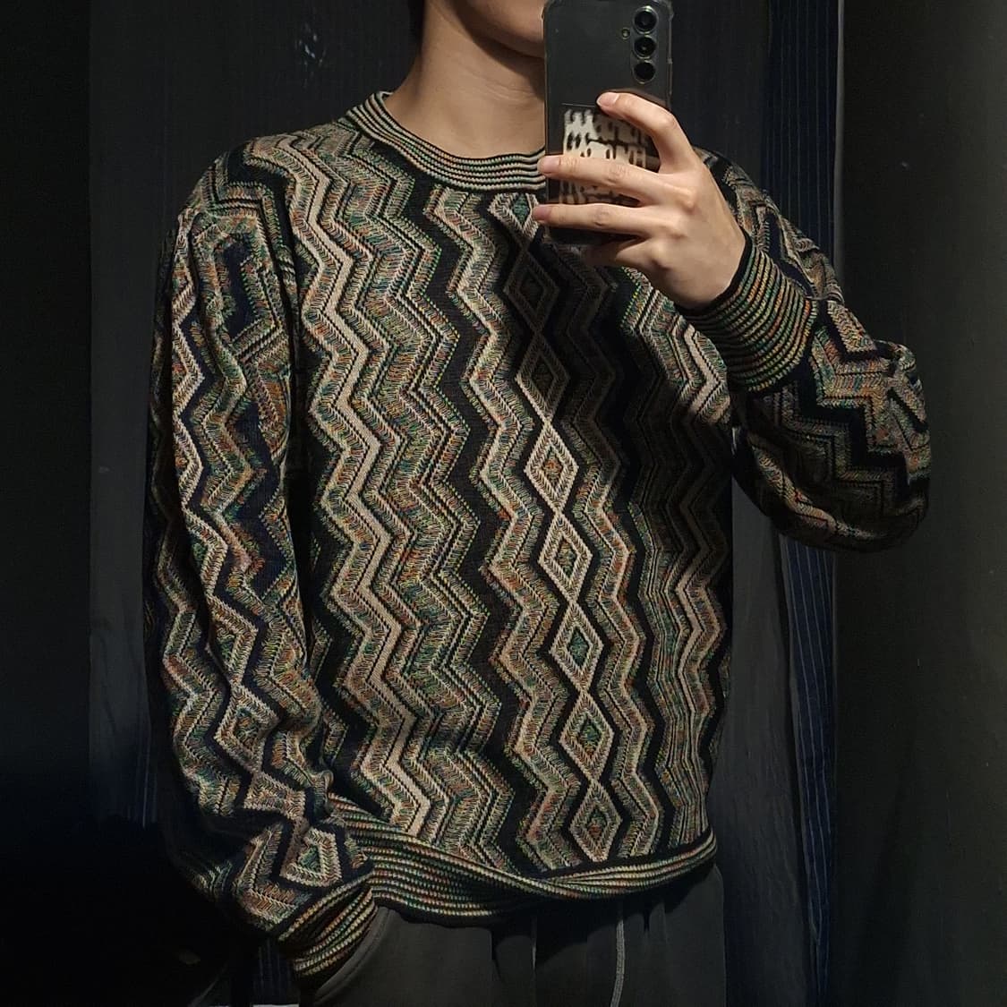 OTTIMO 베이지 멀티컬러 에스닉 지그재그 패턴 코튼 블렌드 니트 L 상품이미지2