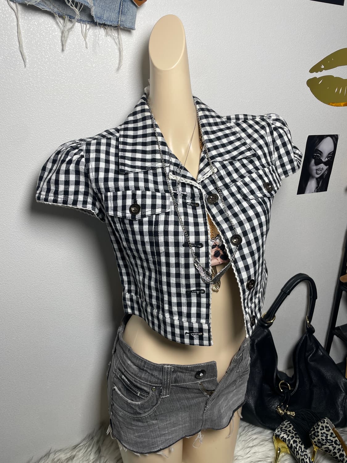 Rose fan fan 체크 반팔 자켓 상품이미지1