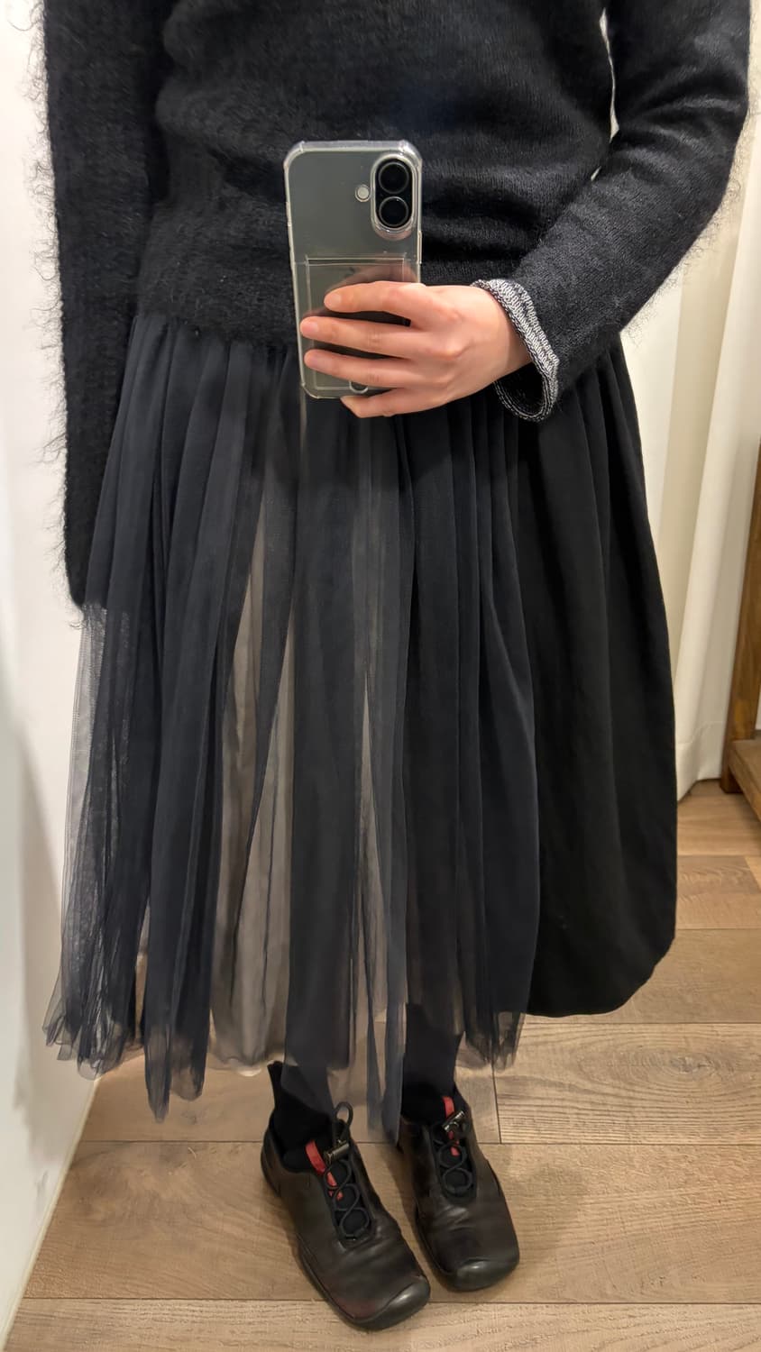 Tulle Docking Wool Shirring Skirt 상품이미지3