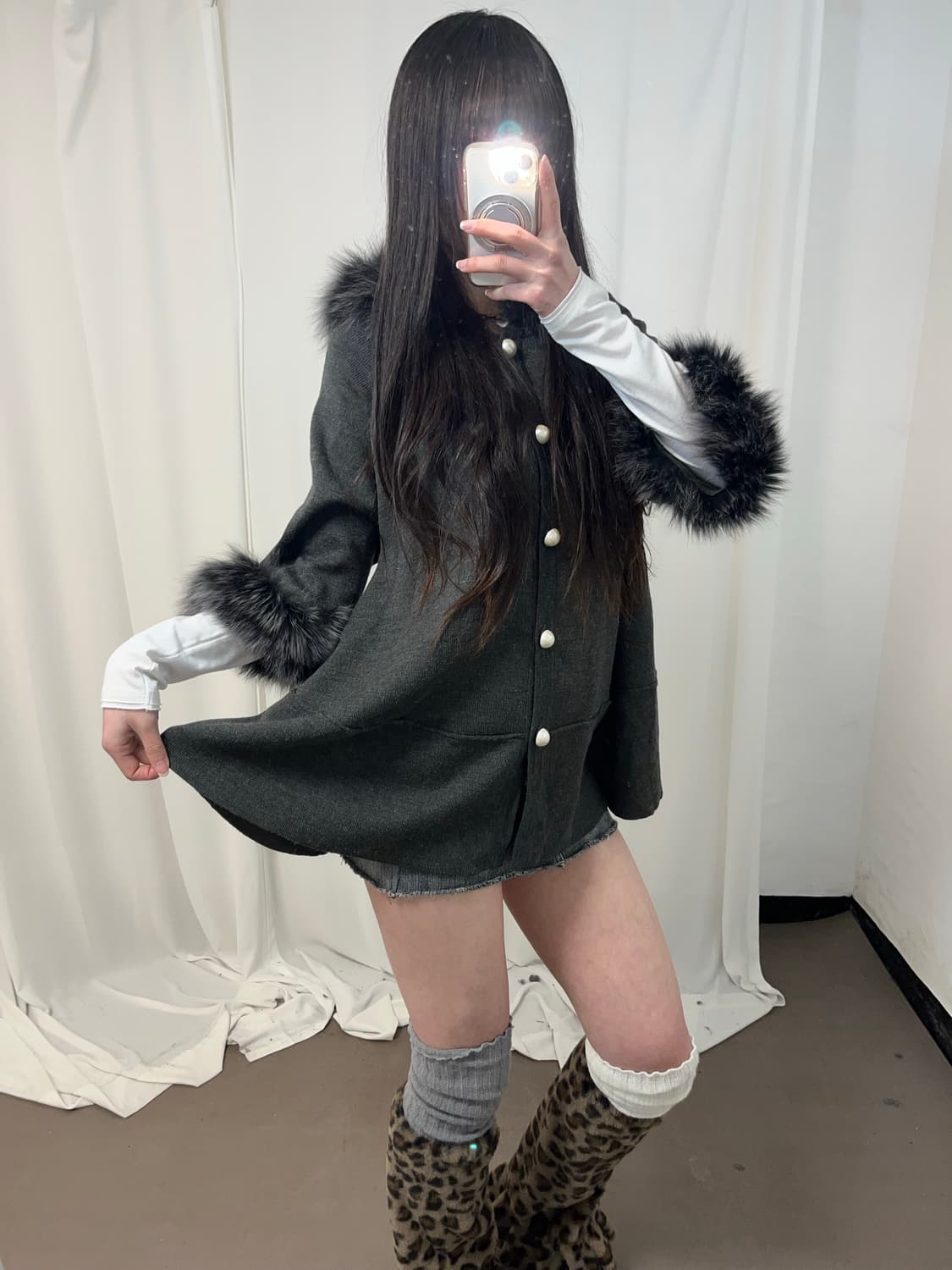 갸루st 울프죠 그레이 후드 판쵸 가디건 상품이미지5