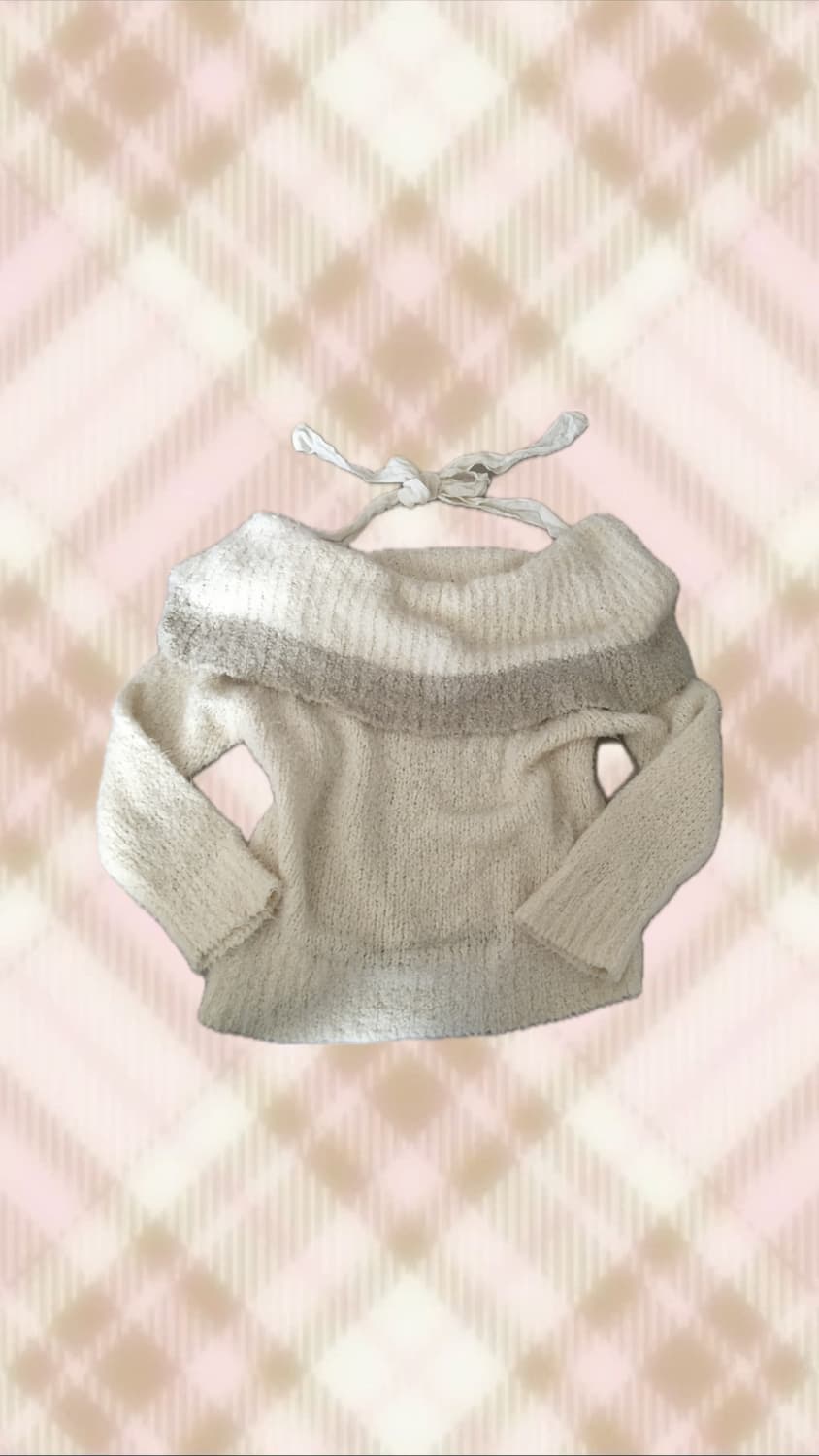 아이보리 리본 오프숄더 니트 라떼 히메 갸루 러블리 로걀 빈티지 상품이미지1