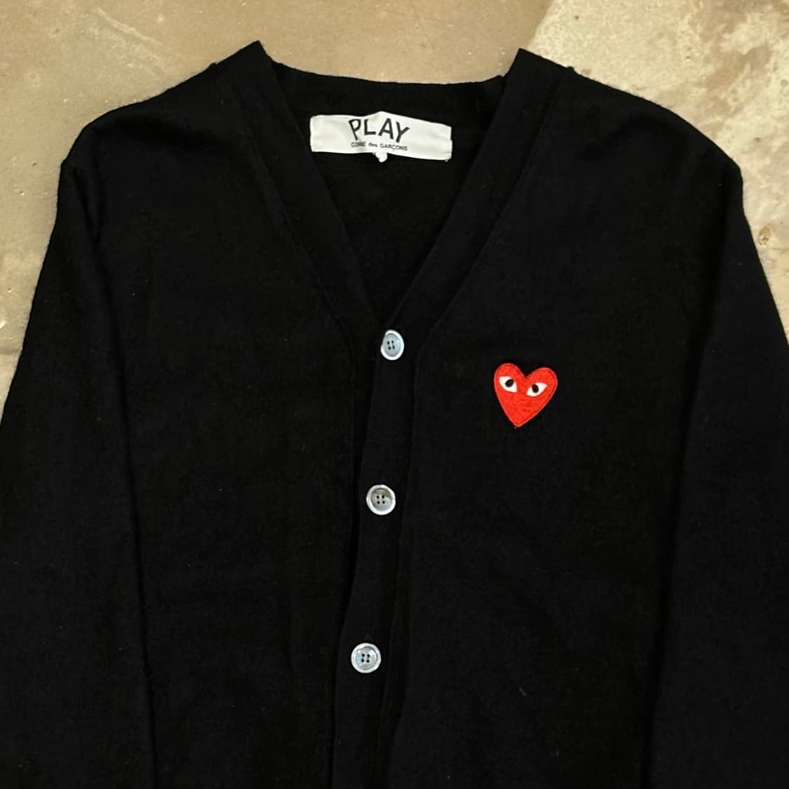 L 꼼데가르송 하트 패치 여성용 블랙 울 가디건 상품이미지1