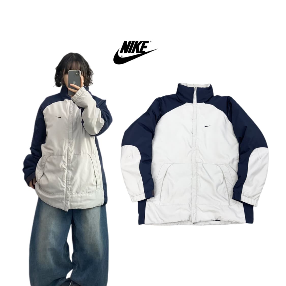 나이키 00s 스우시 올드스쿨 화이트 네이비 배색 점퍼 상품이미지1