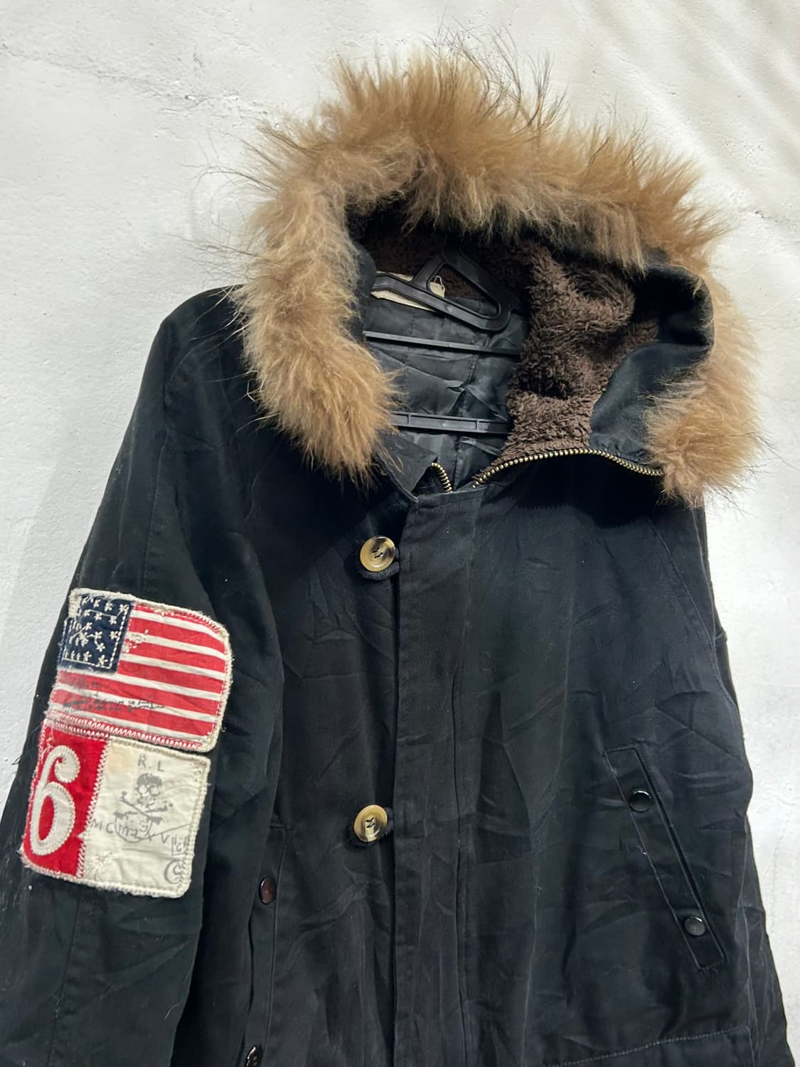 일본빈티지 RL 블랙 울프죠 성조기 자수 퍼 후드 개파카 야상 M 상품이미지6