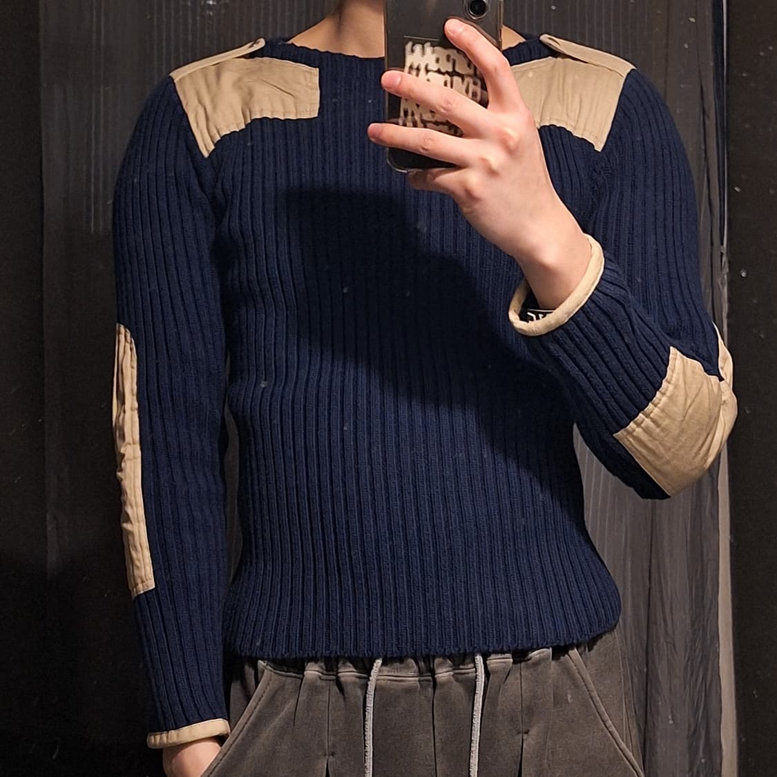 빔즈 보이 블루 아이보리 배색 아메카지 라운드넥 골지 코만도 니트 S 상품이미지1