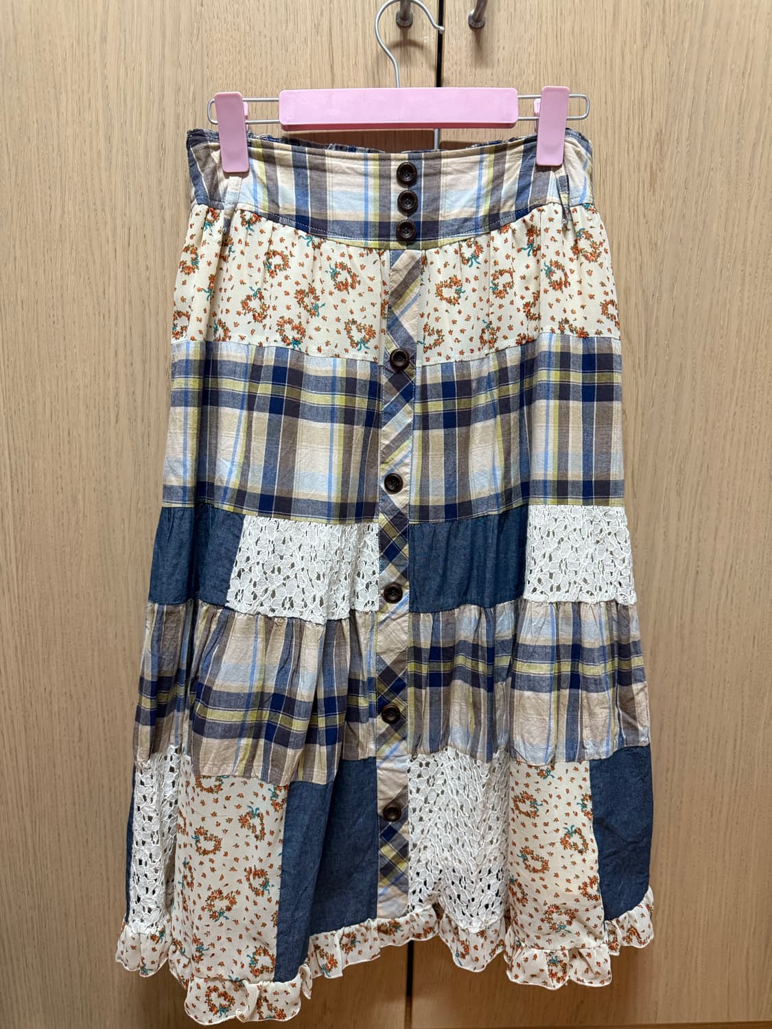 모리 패치워크 플라워 체크 롱 스커트 데님 상품이미지2