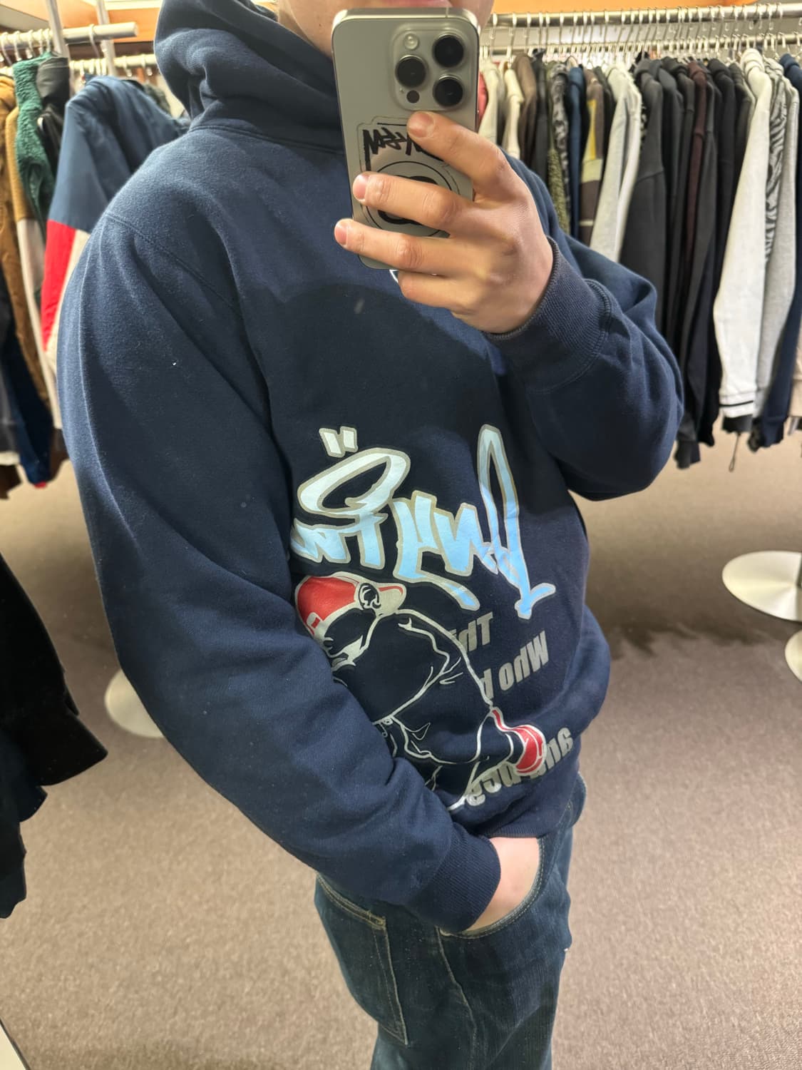 M)DACK DIVE 빈티지 free style프린팅 네이비 후드티 상품이미지2