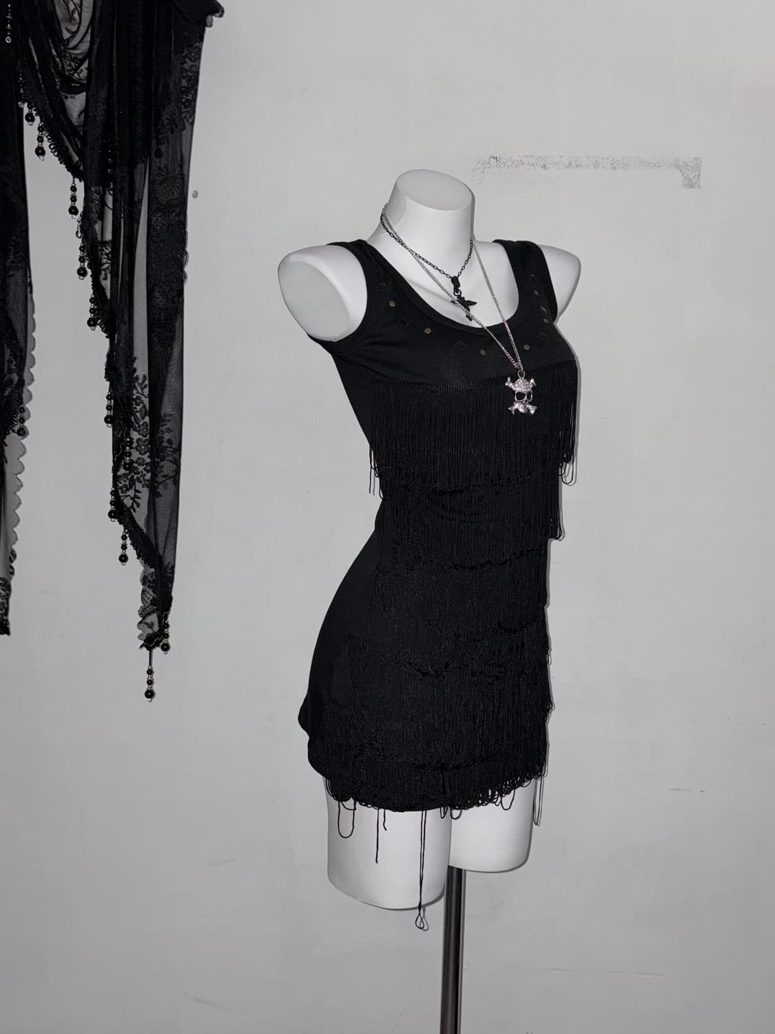 테슬 딱붙 나시원피스 그런지 고스 인더스트리얼 오피움 락 블랙 상품이미지1