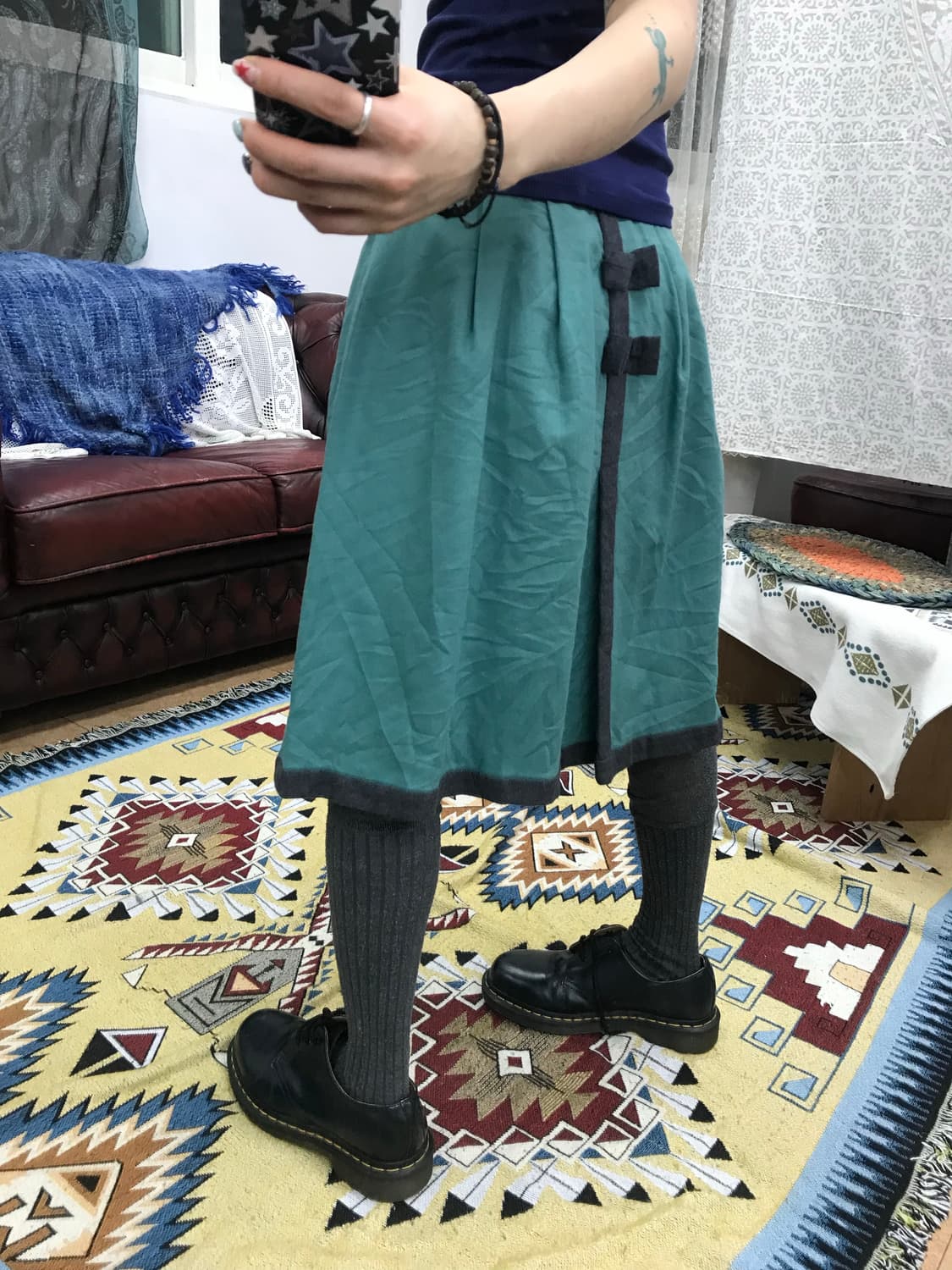 ANATELIER 빈티지 리본 민트 배색 미디스커트  상품이미지2