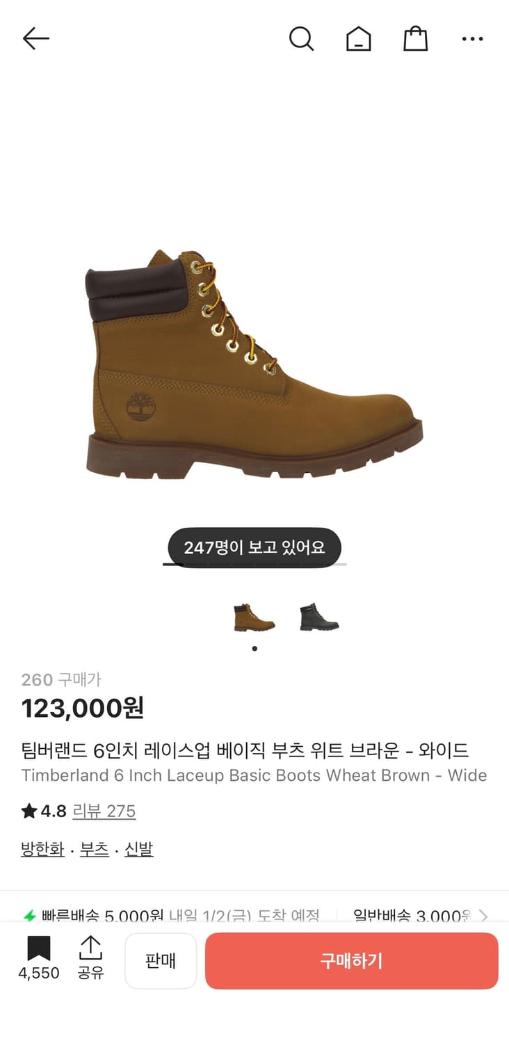 팀버랜드 6인치 레이스업 베이직 부츠 위트 브라운 와이드 상품이미지1