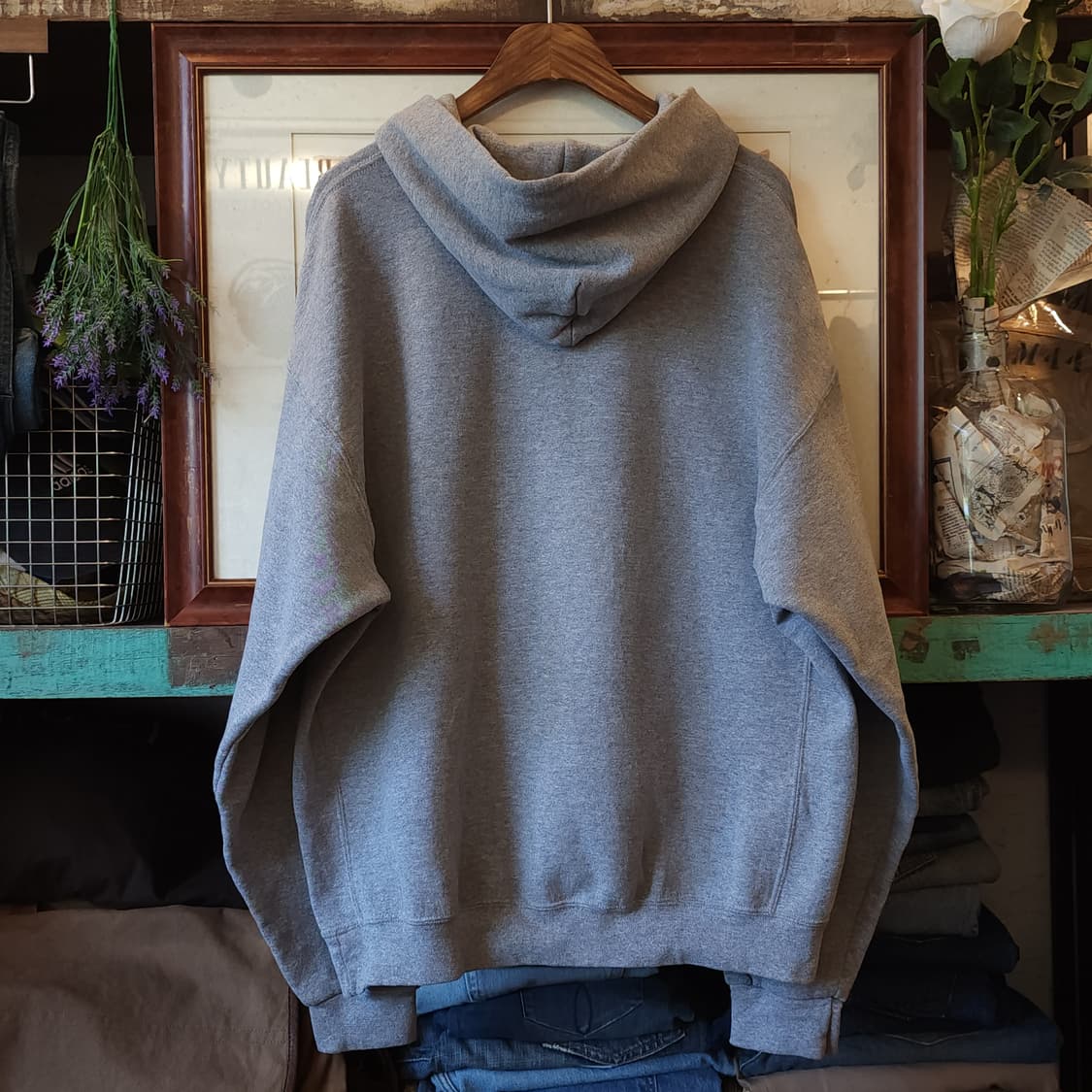 90s 러셀 후드 스웻셔츠 리버 빈티지 레터링 그레이XL 상품이미지2