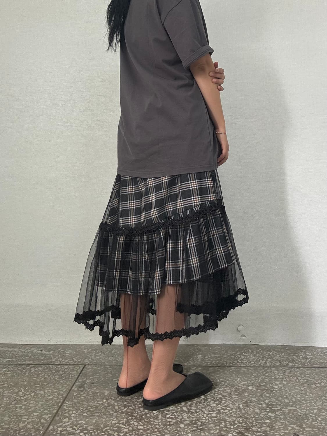 체크 시스루 미디 스커트 상품이미지4