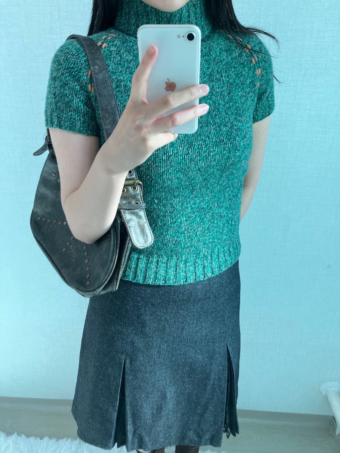 jpn vintage 딥그린 하이넥 반팔 니트 y2k 스트릿 갸루 펑키 상품이미지3