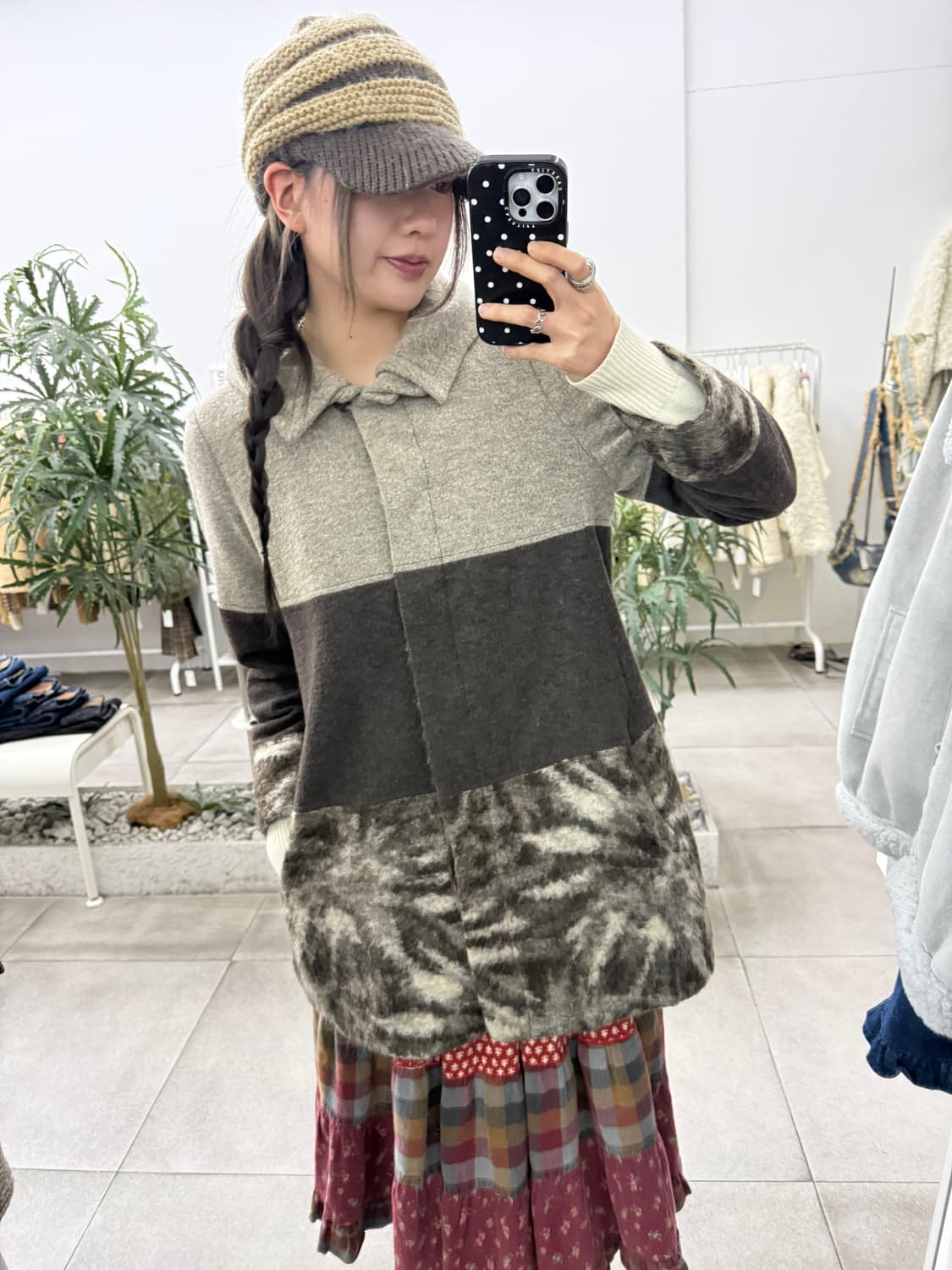 JPN chamois v 모헤어 브라운 배색 후드 하프코트 숏코트 상품이미지2