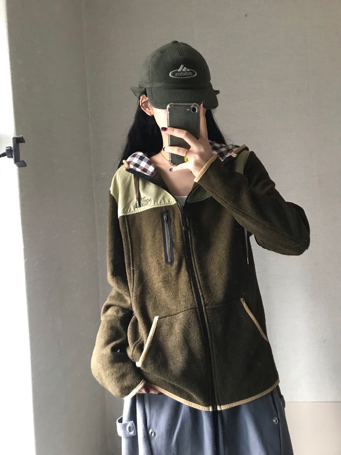 노페 카키브라운 체크후드 후리스 상품이미지4