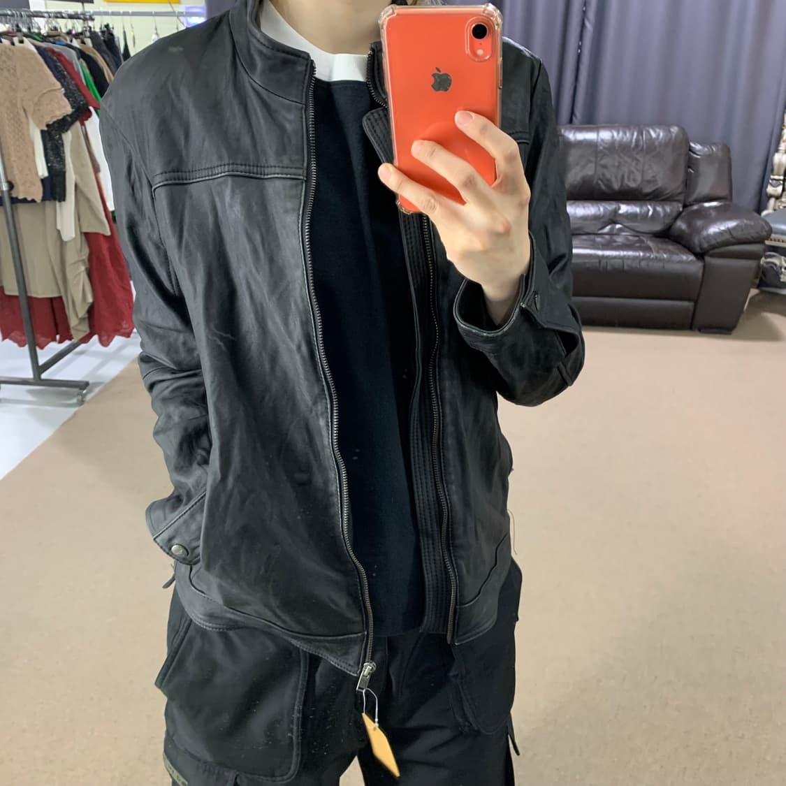 빈티지 리얼레더 지퍼 무광 양가죽 노카라 집업 자켓 95 M 남녀공용 상품이미지1