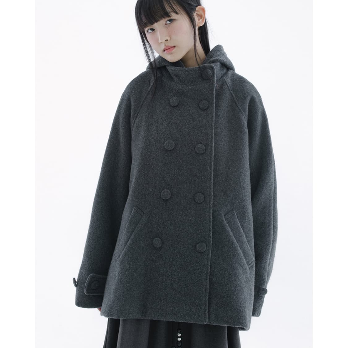 허그유어스킨 후디드 하프 코트 차콜 후드 상품이미지4