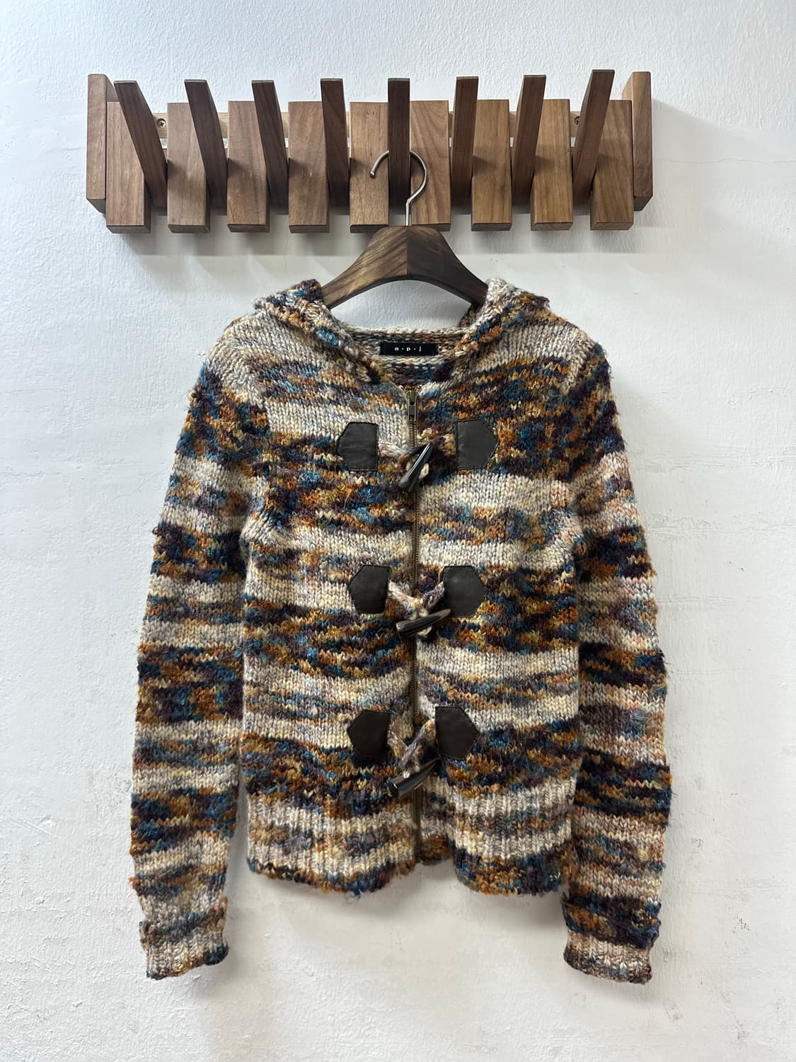 일본빈티지 멀티컬러 울 혼방 후드 더플 니트 집업 떡볶이 토글 후드 상품이미지1