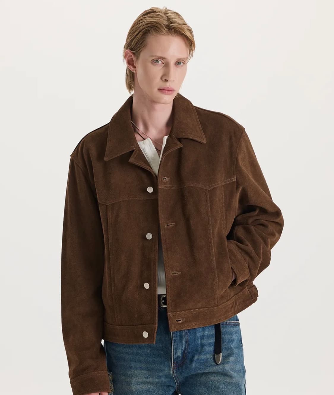 (L) 커넥트킨록 [리얼 레더] 카우 스웨이드 트러커 자켓 (브라운) 상품이미지1
