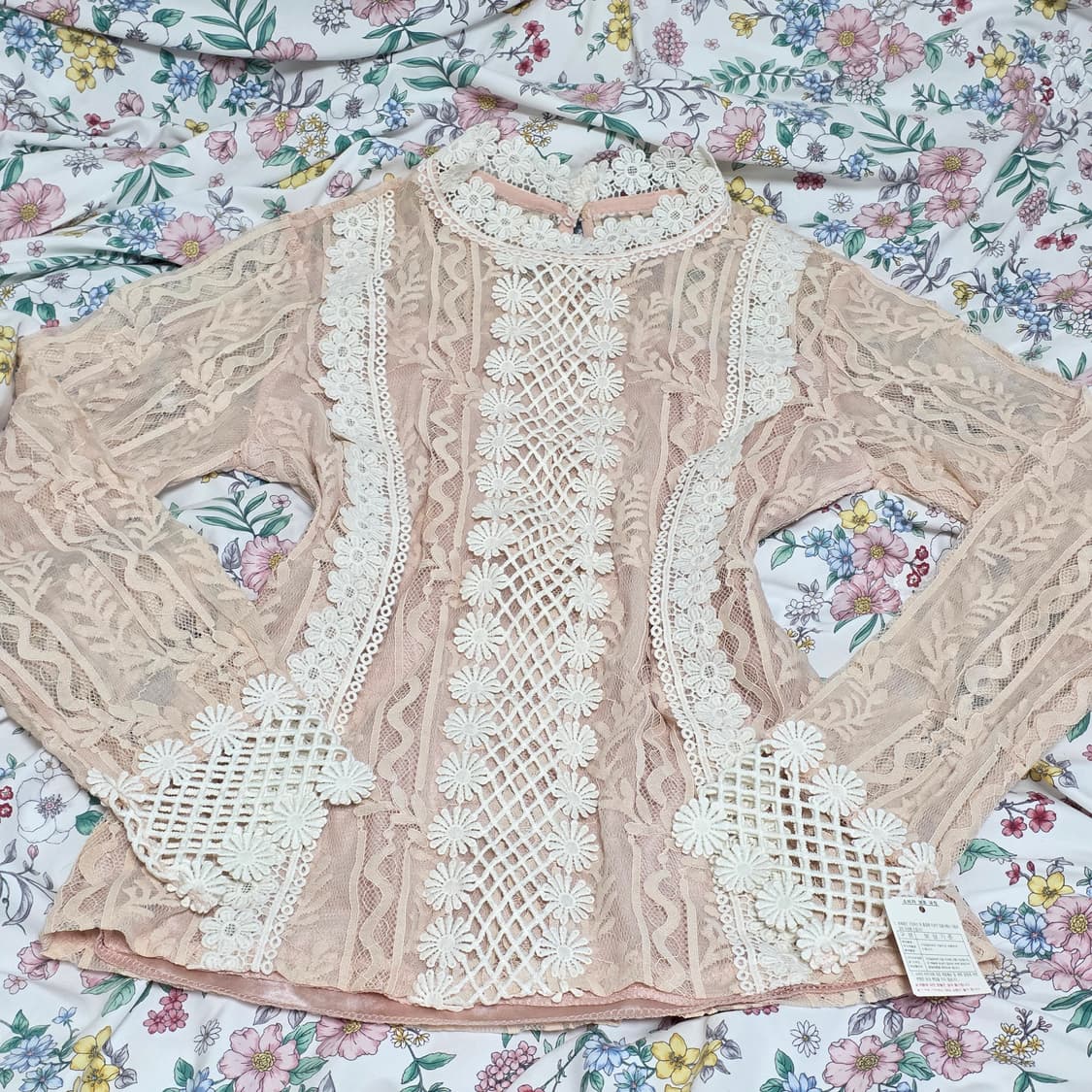 빈티지)양산형스나계st 시스루 핑크딸기 레이스 와플 로맨틱 블라우스 상품이미지1