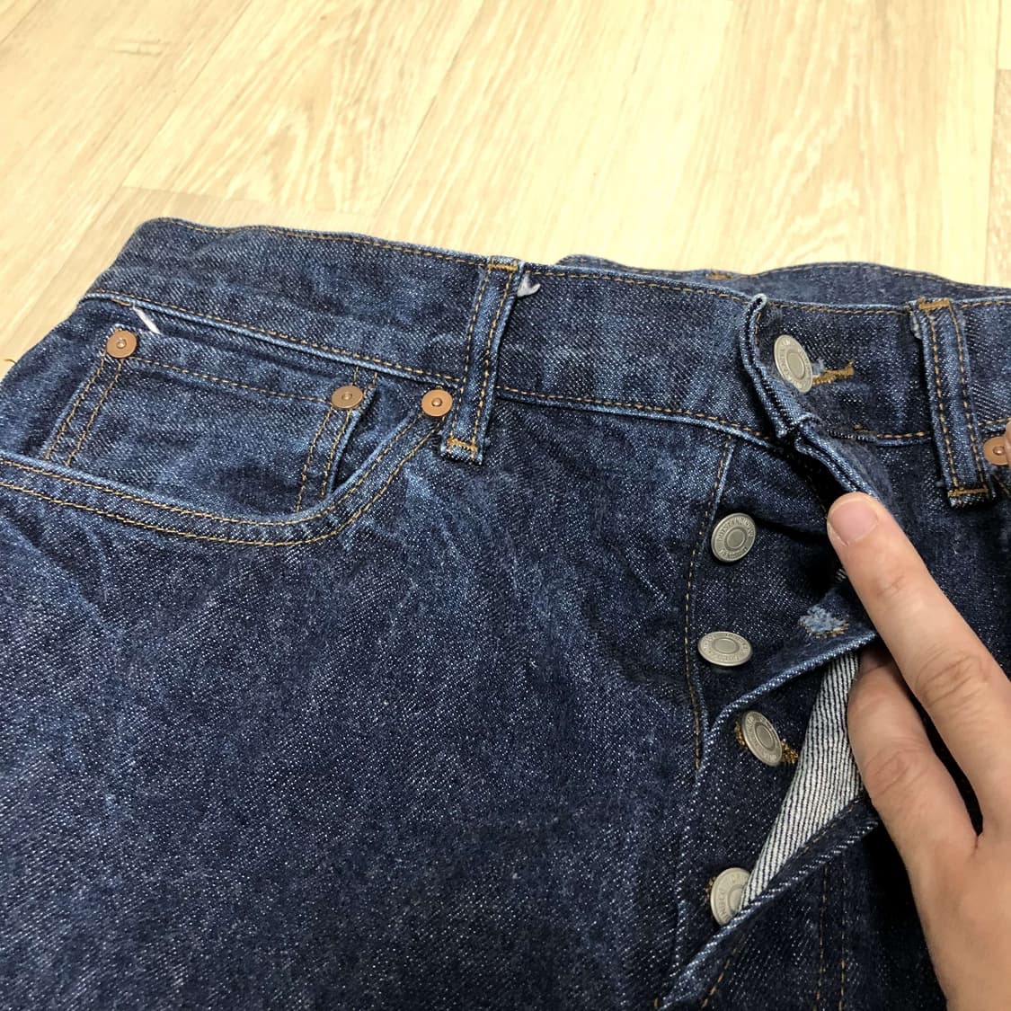 (M) 아웃스탠딩 30's 신치백 와이드 셀비지 데님 팬츠 인디고 데님 상품이미지3