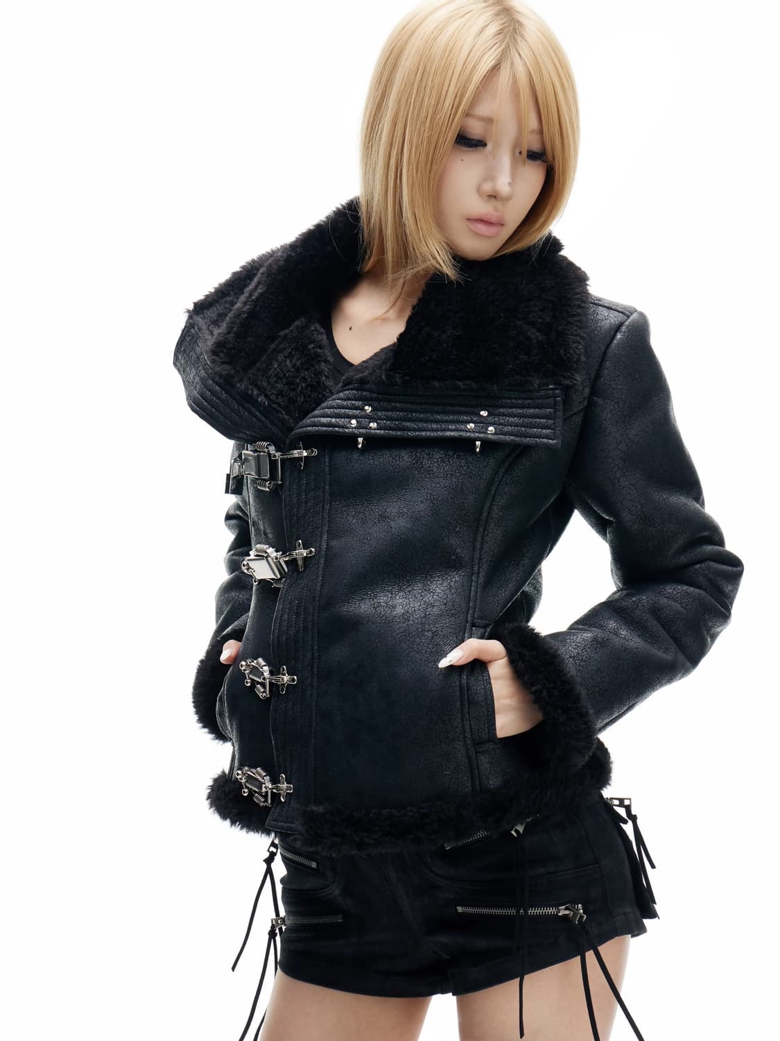 Fur High-neck Metal Buckle Jacket 상품이미지3