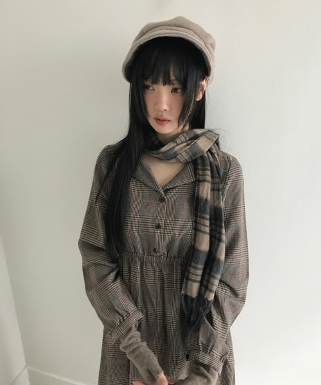 Check V Neck Shirts Dress 상품이미지1