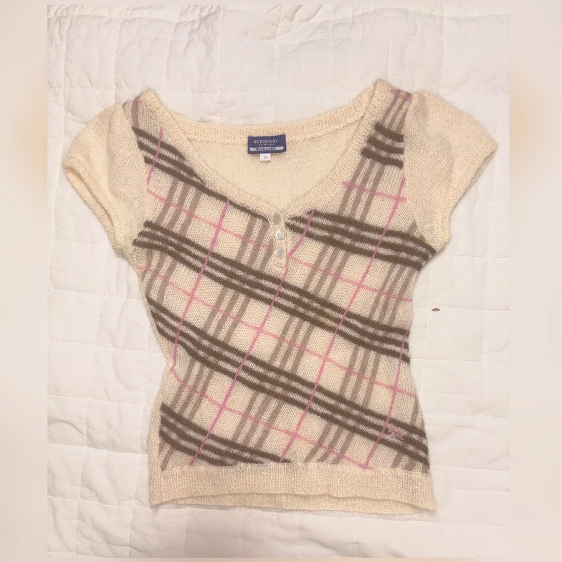 라떼갸루 빈티지 버버리 블루라벨 딸기초코 체크 반팔 니트 히메갸루 stc 상품이미지1