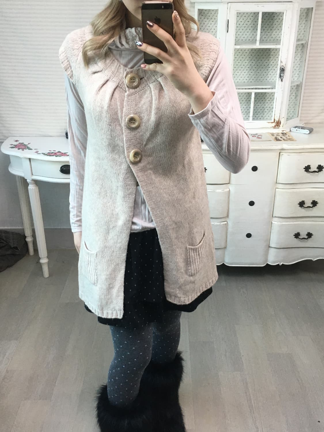 Set)오트밀 레이어드가디건 + 핑크베이지 레이스 폴라 상품이미지4