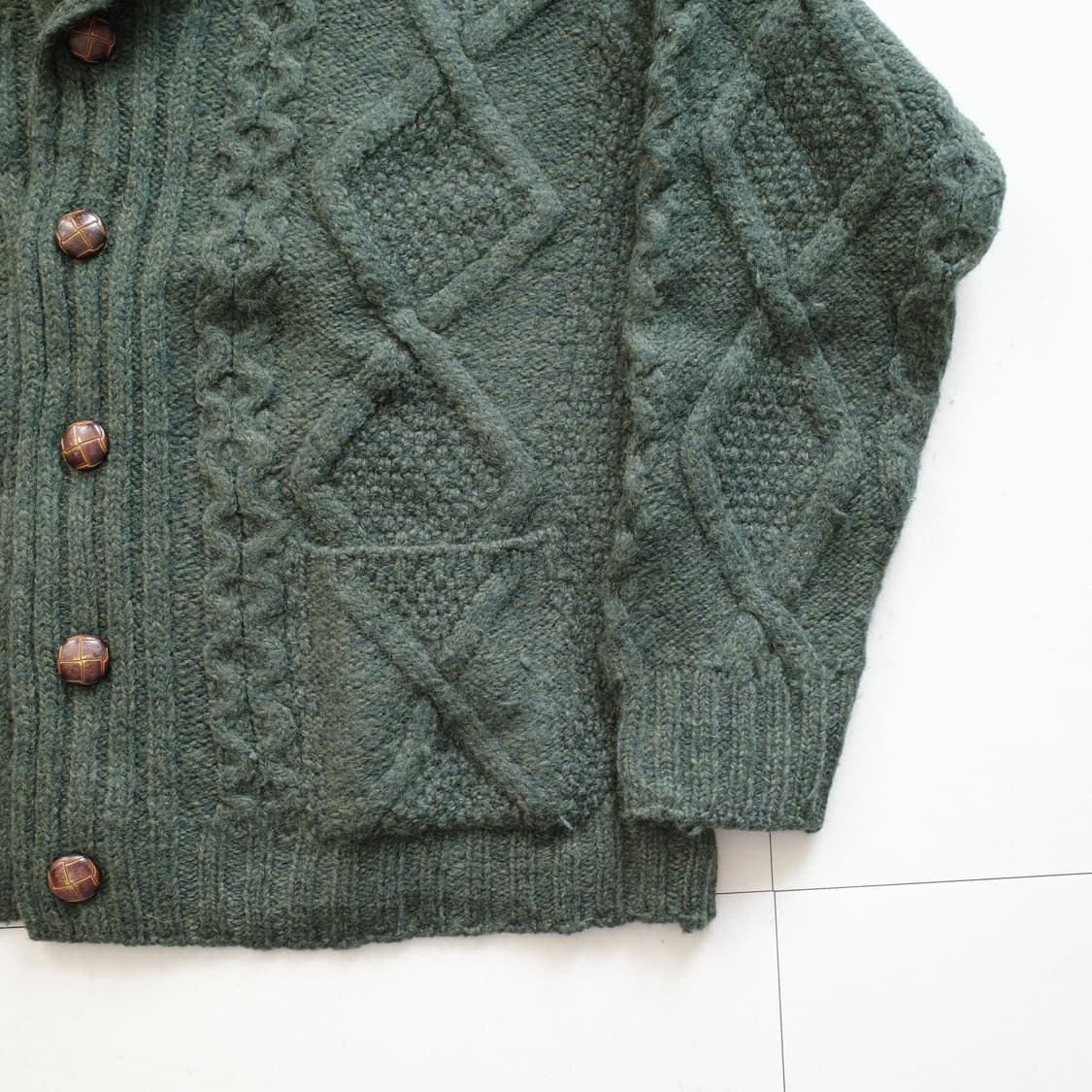 아란 스웨터 마켓 메리노 울 숄 가디건 M 딥그린 아일랜드 생산  상품이미지4