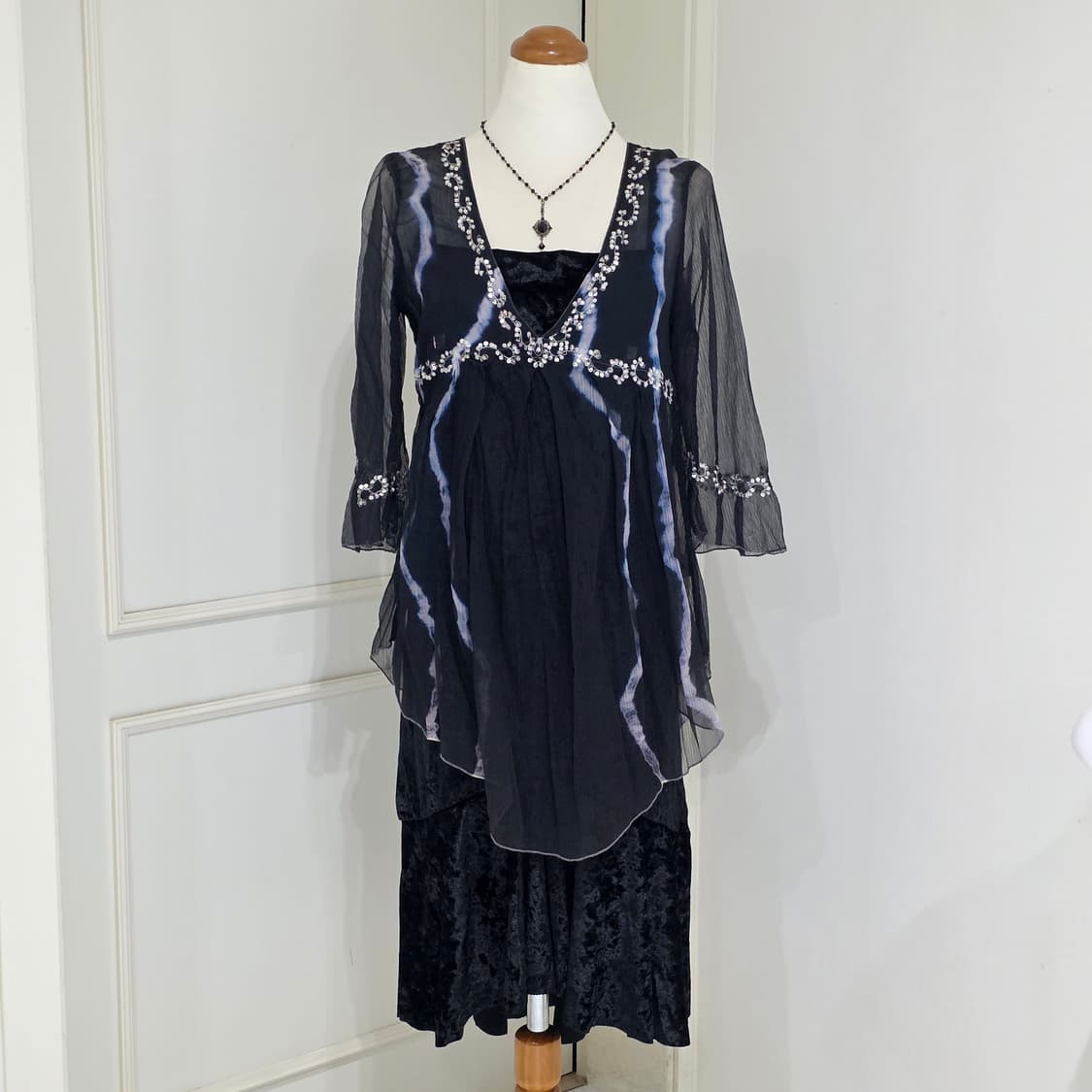 오리엔탈 빈티지)블랙네이비 모리걸 고딕레이어드 블라우스+벨벳원피스코디세트 상품이미지2