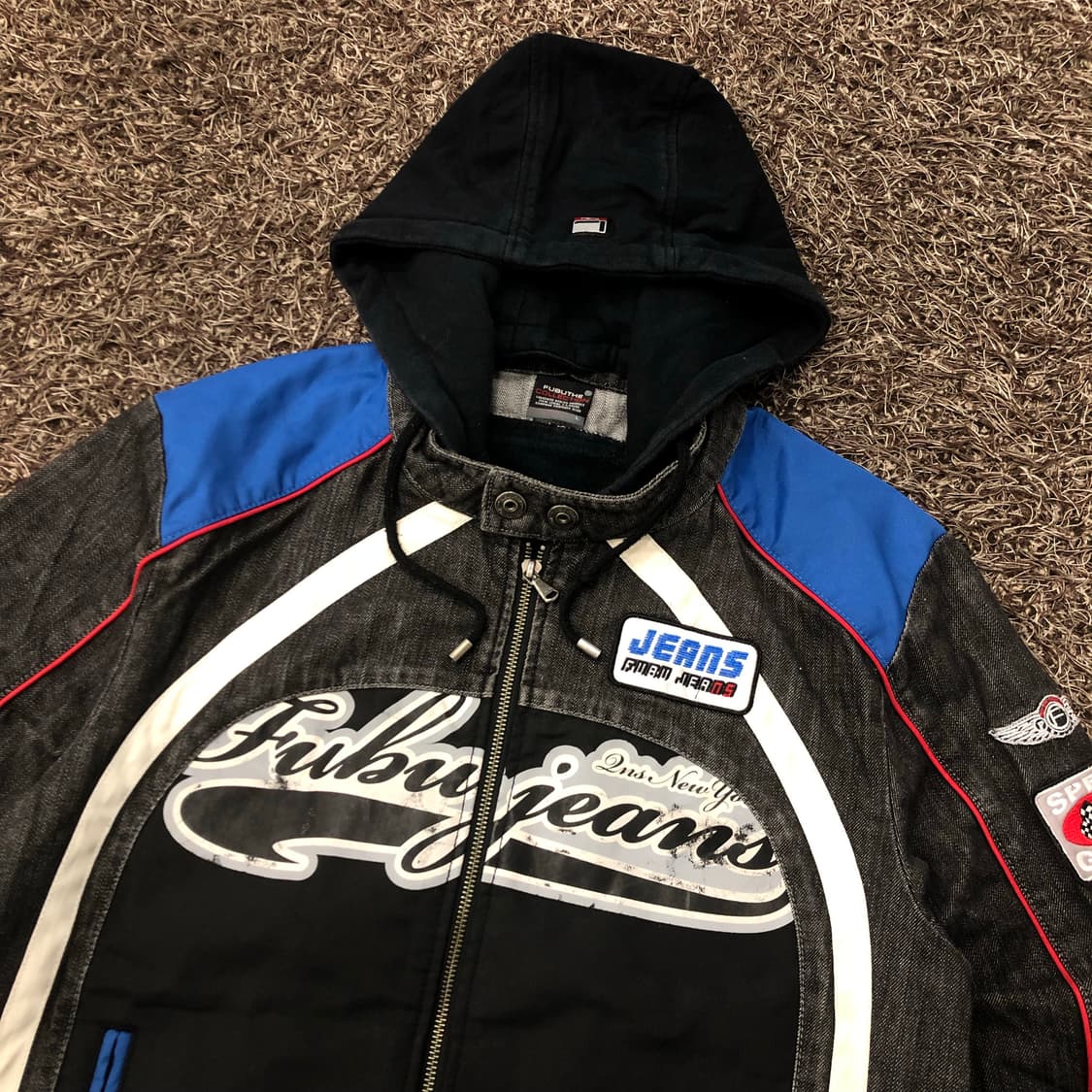 후부 데님 후디드 레이싱 바이커 자켓  상품이미지2