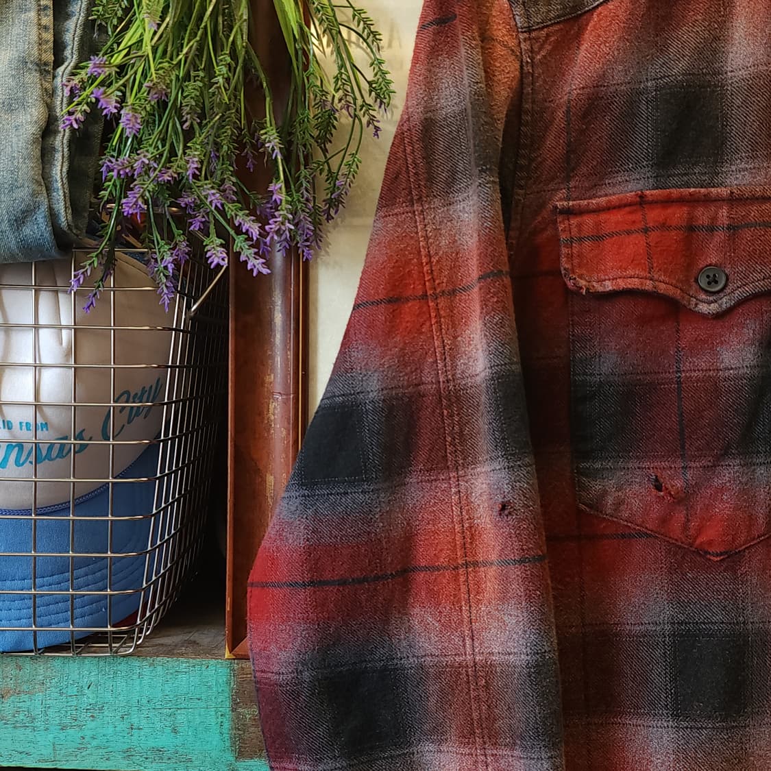 90s 빈티지 체크셔츠 헤비 플란넬 워크셔츠 썬페이딩 레드 웨스턴 L 상품이미지4