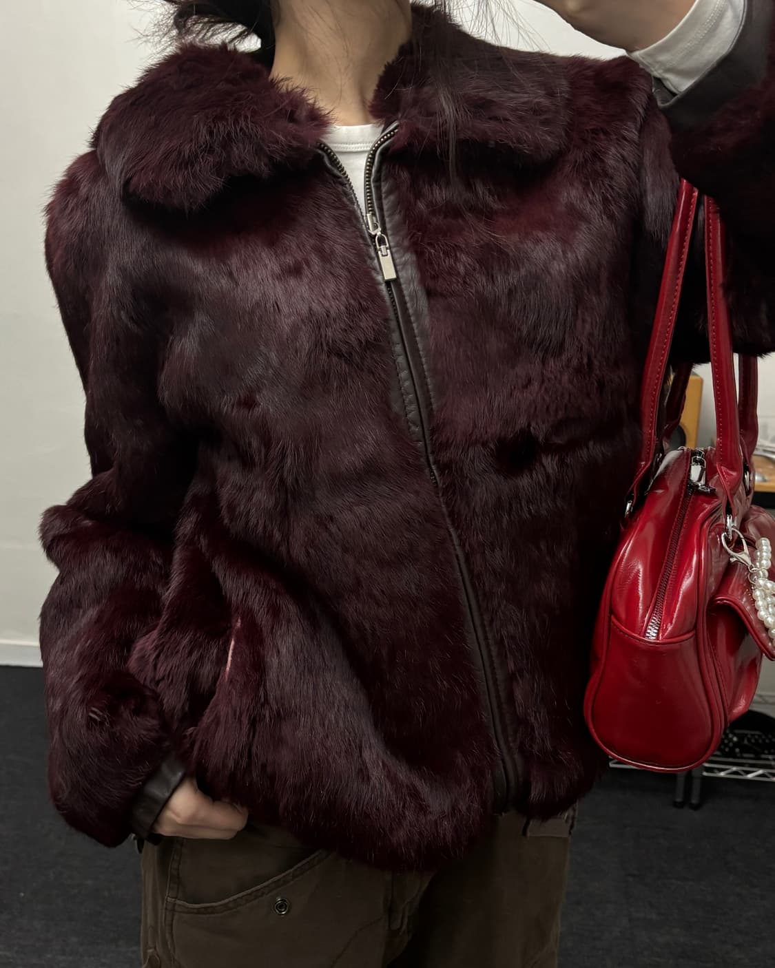 올드 빈티지 버건디 리얼 래빗 퍼 레더 자켓 상품이미지1
