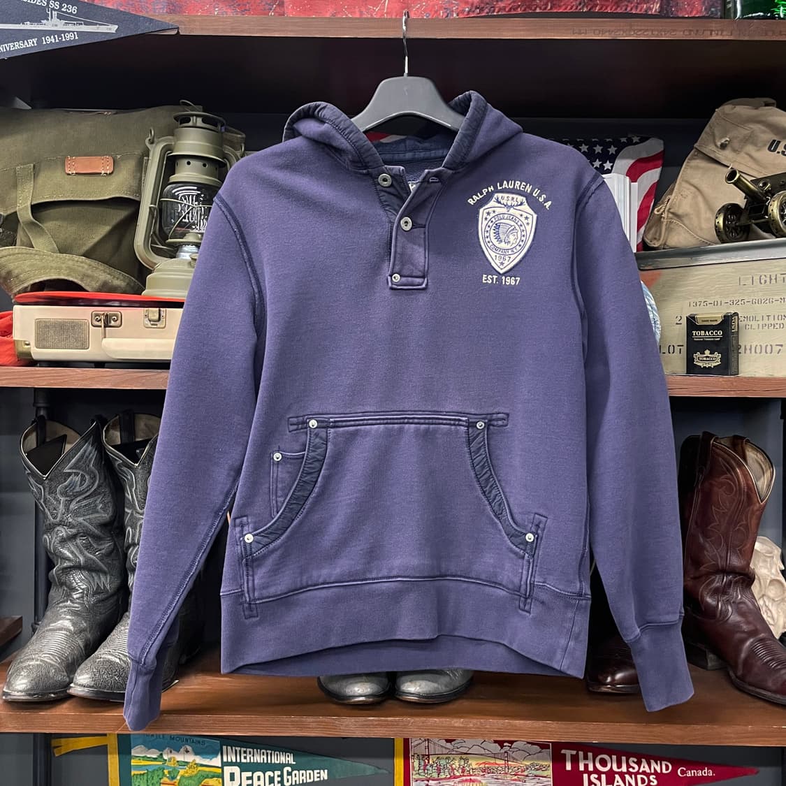 90s 폴로 랄프로렌 U.S RL 인디언 패치 두산 기모 후드티 N22 상품이미지1