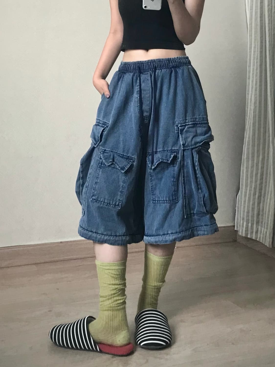 Cotton denim double pocket wide bermuda  상품이미지1