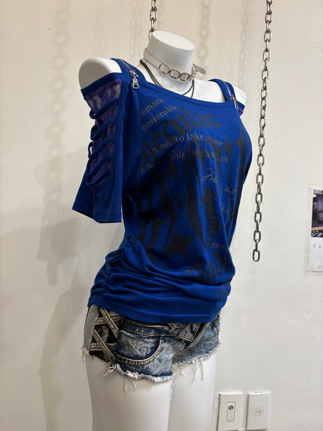 dig deep 디그딥 그런지 디테일 레이스 블루 티셔츠 갸루 상품이미지2