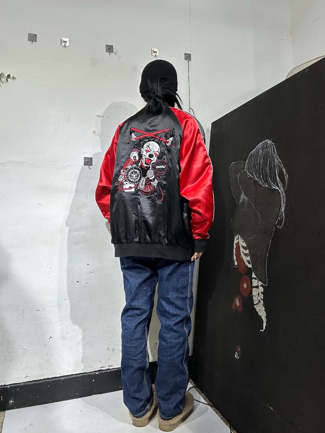 일본빈티지 Weksnoop 블랙 악마 불 자수 스카잔  L 상품이미지5