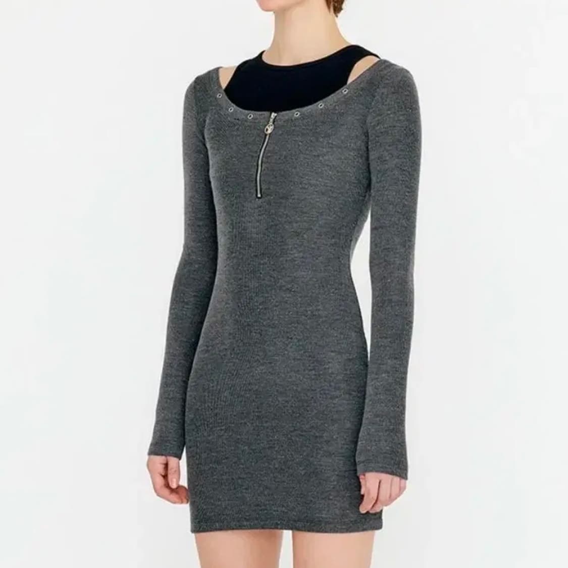 [새상품] 유즈 컷아웃 레이어드 아일렛 원피스 차콜 상품이미지2